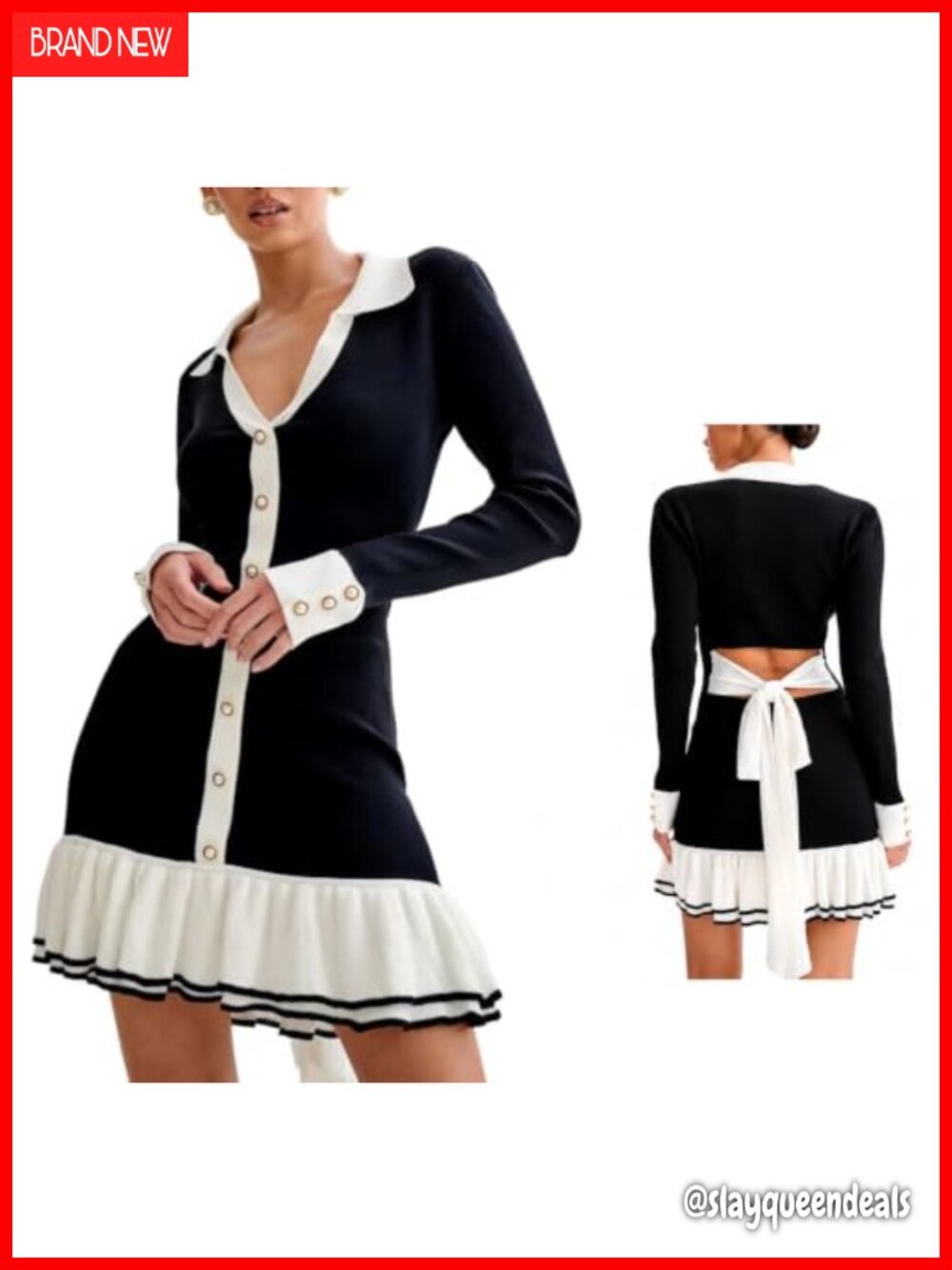 Ruffle Hem Knit Sweater Dress Collared Back Tie Knot Cut Out Mini Bodycon
